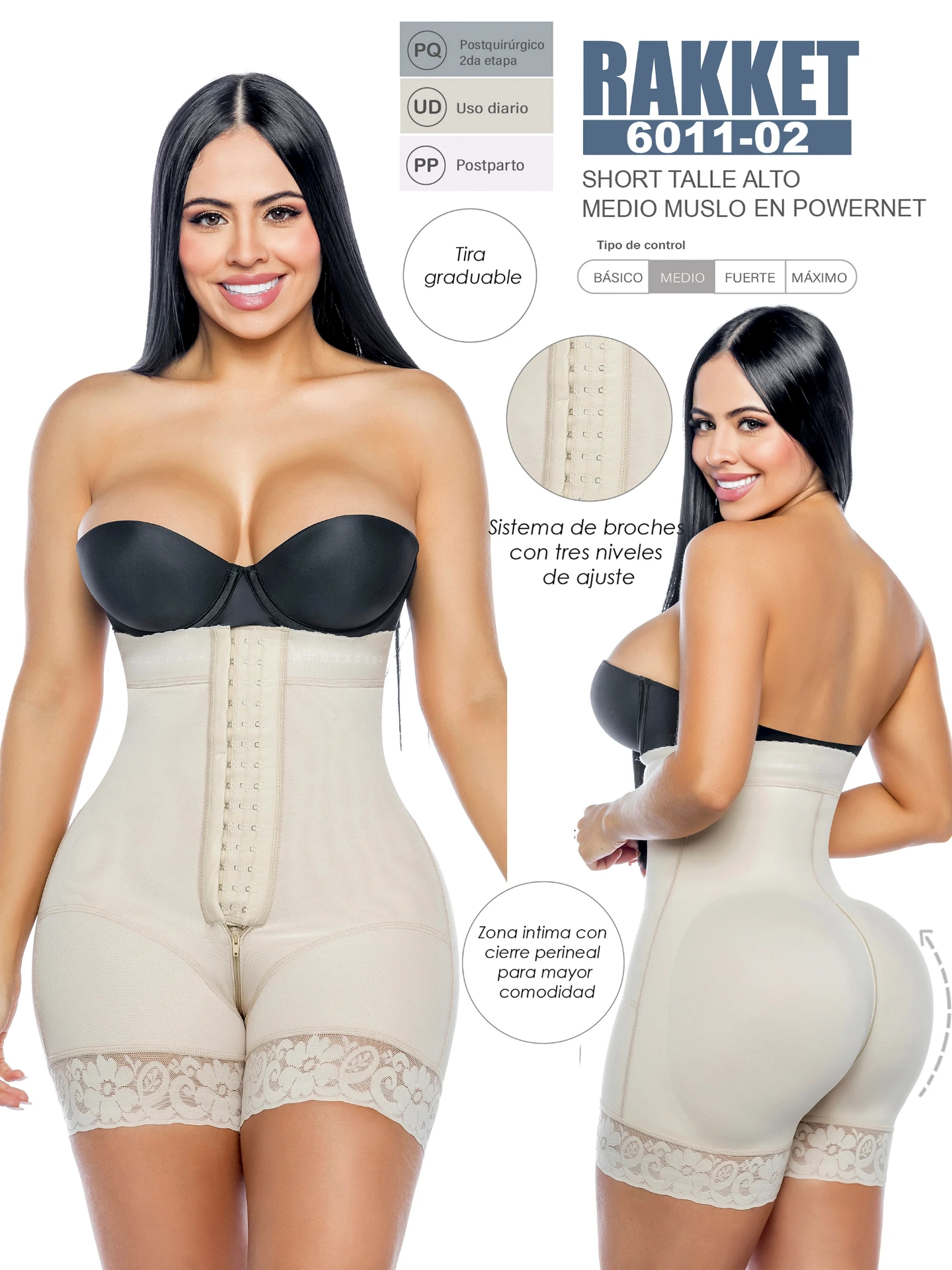 [3186011M02] Faja Moldeadora Short Moldeador con Broches Cintura Alta Beige para Mujer 6011-02