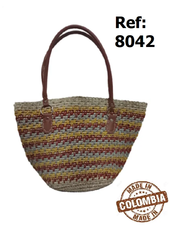 [3668042] Women's Striped Multicolor Leather-Handle Tote Handwoven Bag 8042