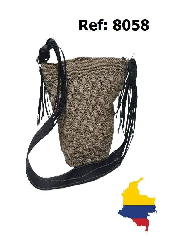 Bolso Tejido Cruzado con Flecos Natural y Negro para Mujer 8058
