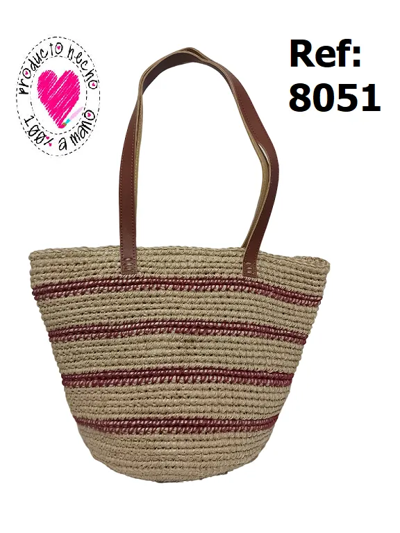 Women's Striped Natural Leather-Handle Tote Handwoven Bag 8051