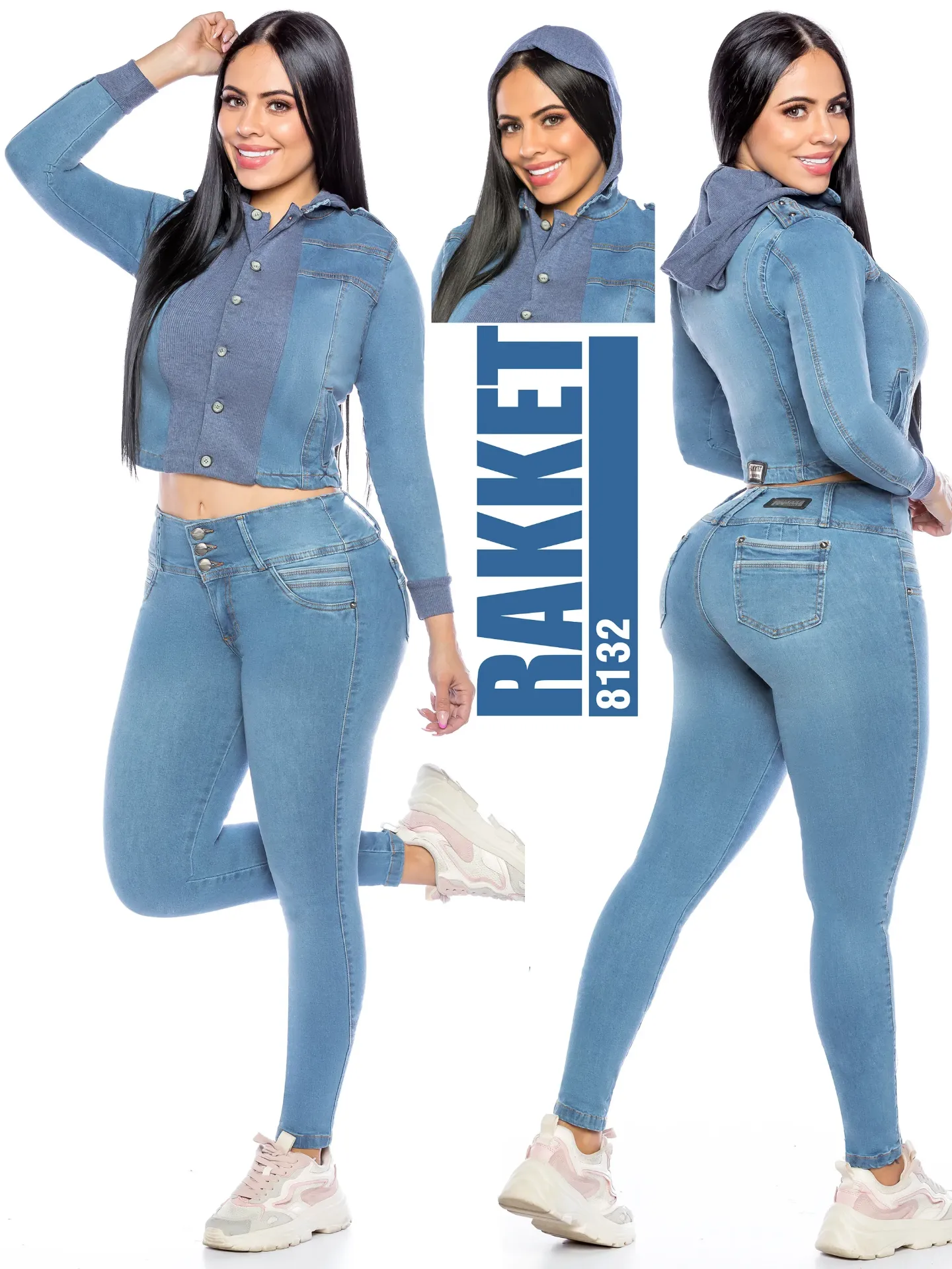 [2618132R05] Conjunto de 2 Piezas Chaqueta con Capucha y Jeans Mezclilla Clara para Mujer 8132