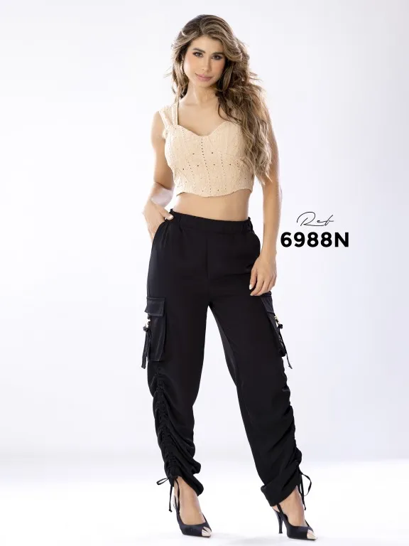 [2526988NXL] Women's Black Cargo Jogger Pants 6988N