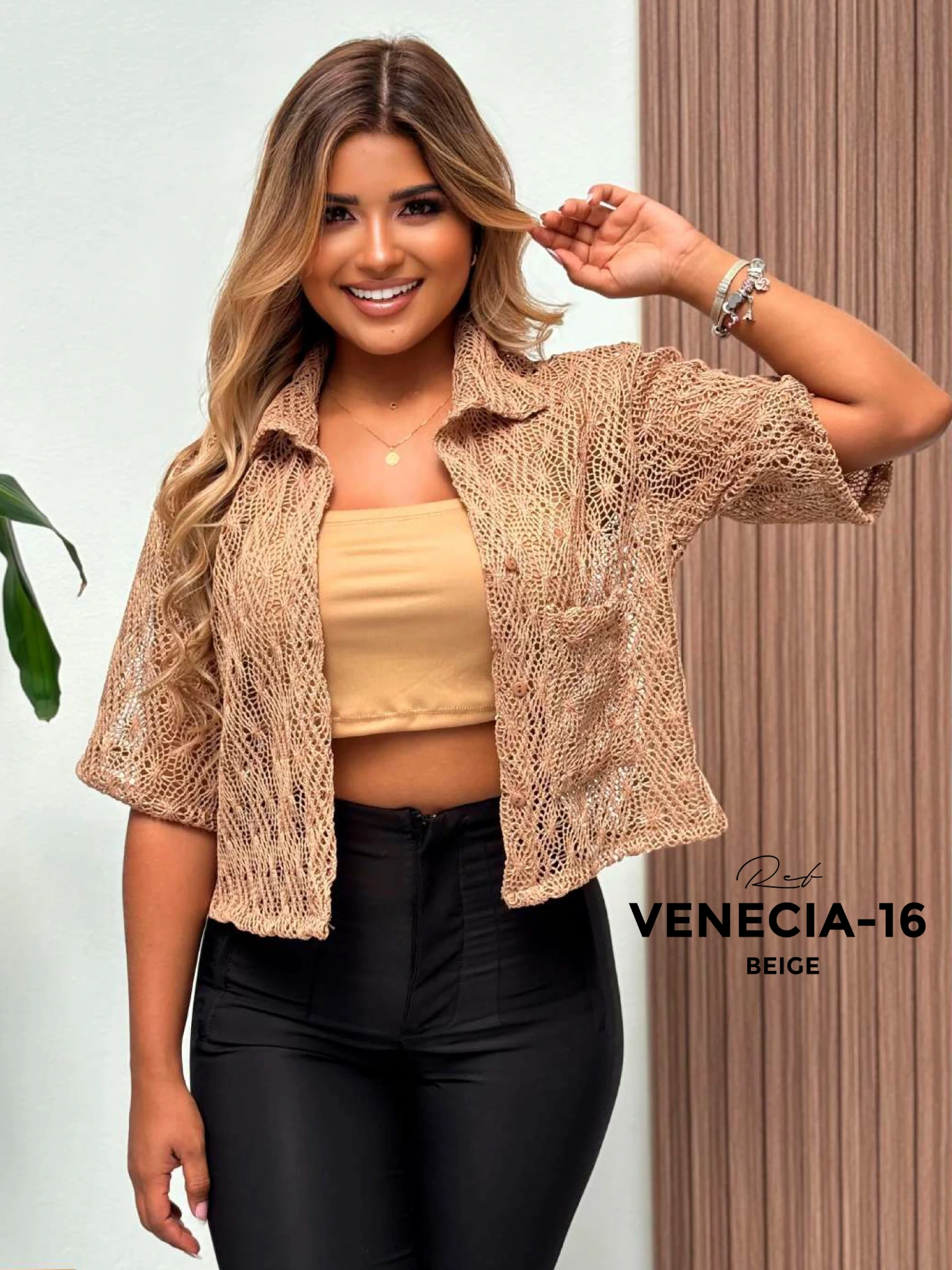 Women's Tan Lace Button-Up Shirt Blouse Venecia-16