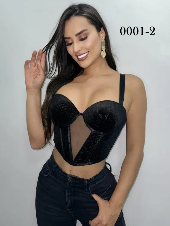 [3730001234A] Women's Black Corset-Style Tulle Crop Top 0001-2