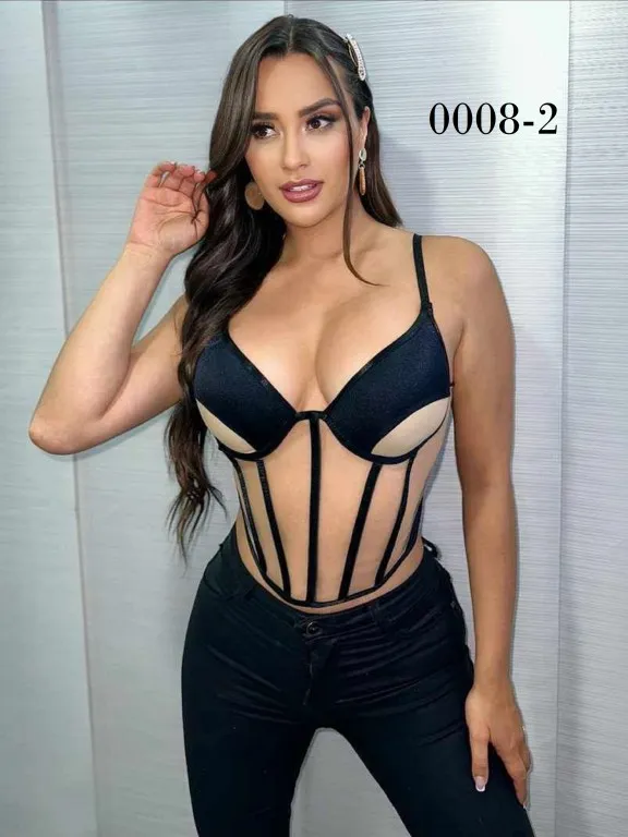 [3730008236B] Women's Navy Corset-Style Boned Crop Top 0008-2
