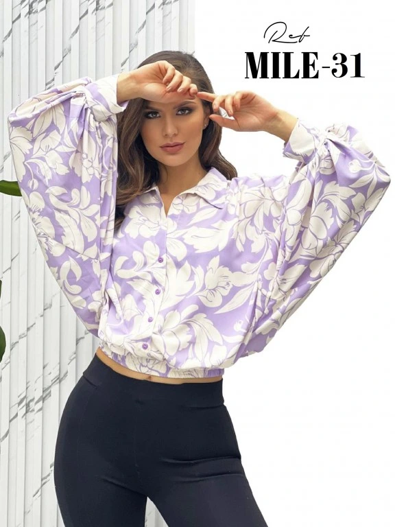 [372MILE31] Women's Lilac Floral Balloon-Sleeve Crop Top MILE-31