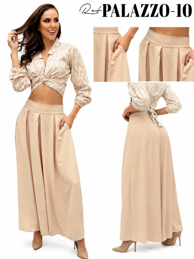 [372PALAZZO10L] Pantalón Palazzo Pierna Ancha Crema para Mujer Palazzo 10
