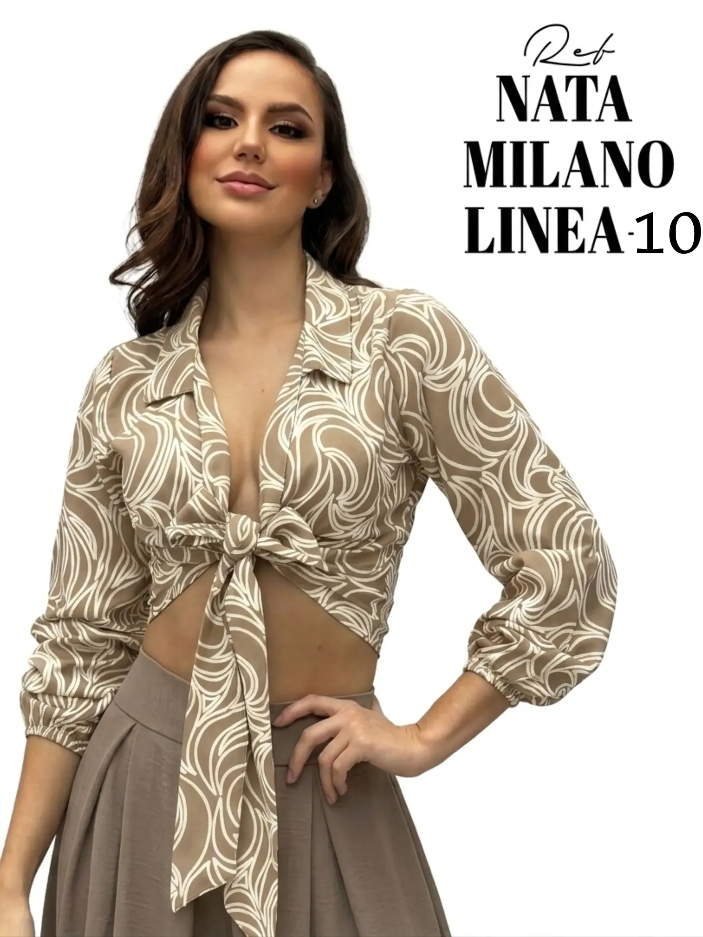 Blusa con Lazo Frontal Estampado Beige para Mujer Linea 10