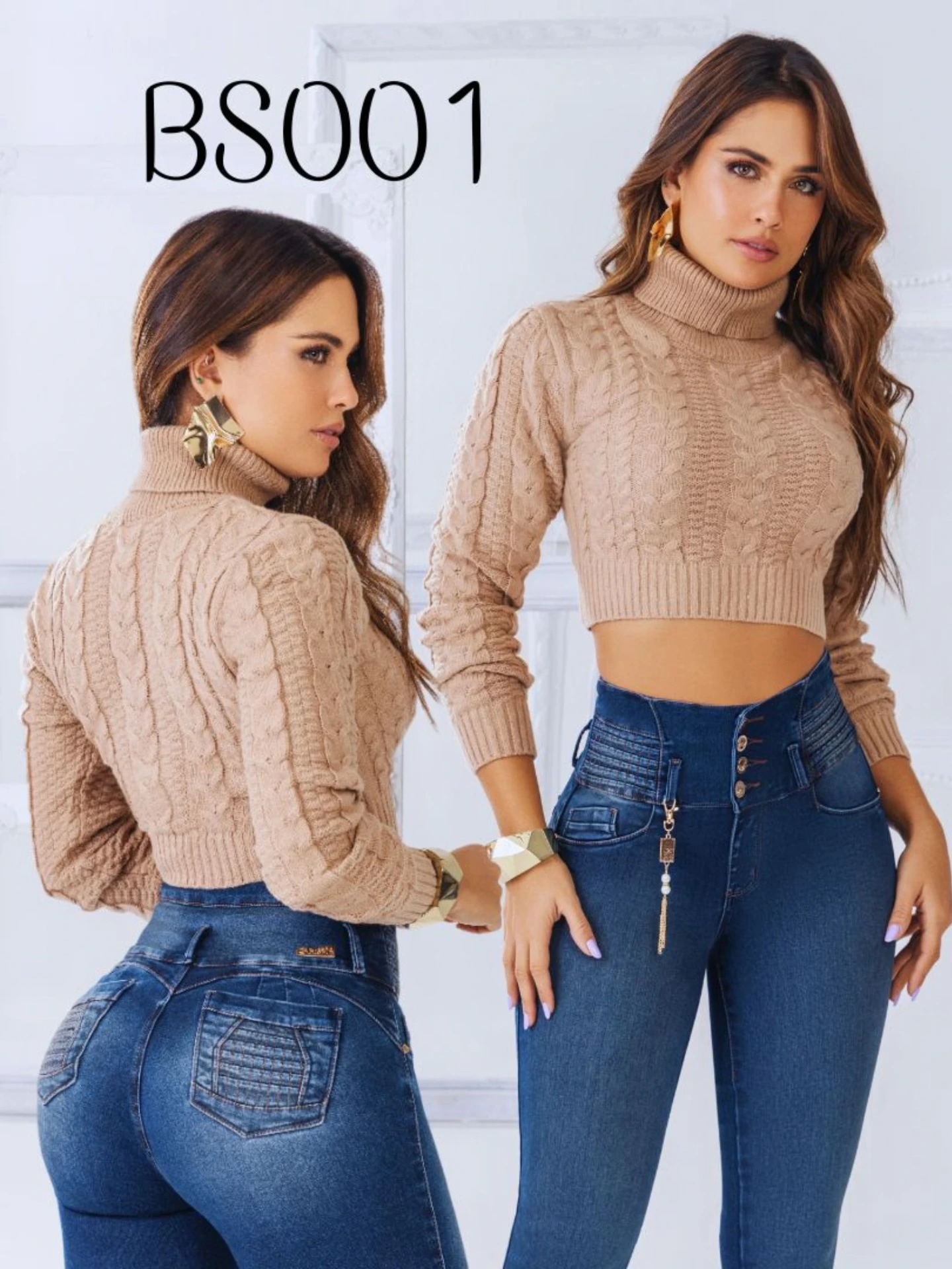 [312BS001] Women's Beige Cable-Knit Cropped Turtleneck Sweater – BS001