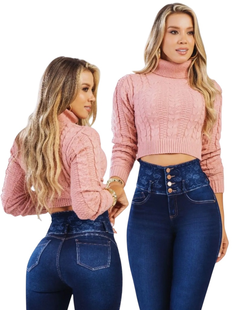 Suéter Corto Rosado Cuello Alto de Tejido Trenzado para Mujer – BS002