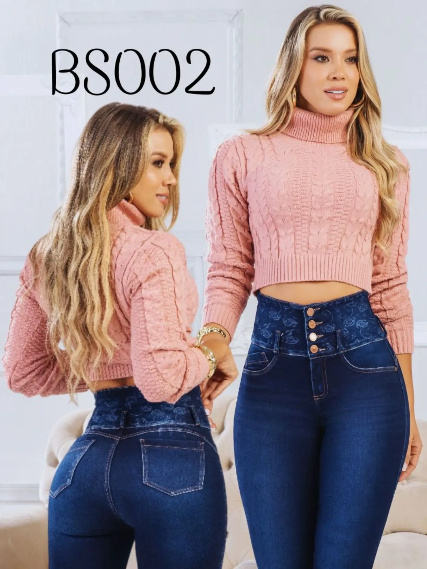 [312BS002] Suéter Corto Rosado Cuello Alto de Tejido Trenzado para Mujer – BS002