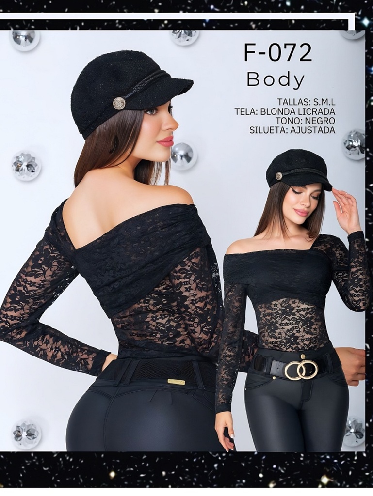 Body Hombros Descubiertos Manga Larga Encaje Negro para Mujer F-072