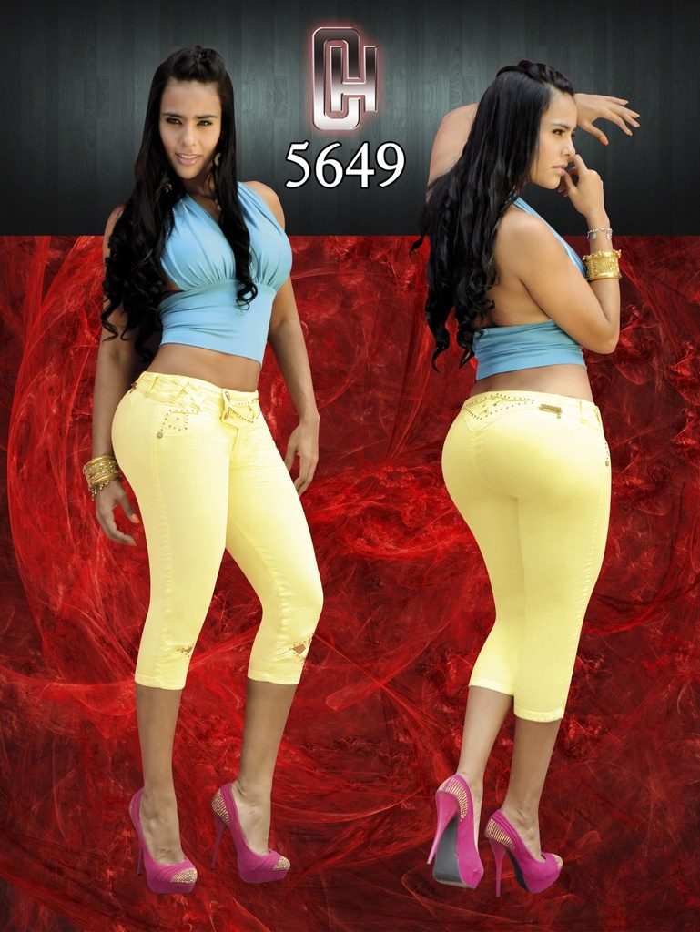 [000101564901] Women's Yellow Butt Lift Capri Jeans 5649