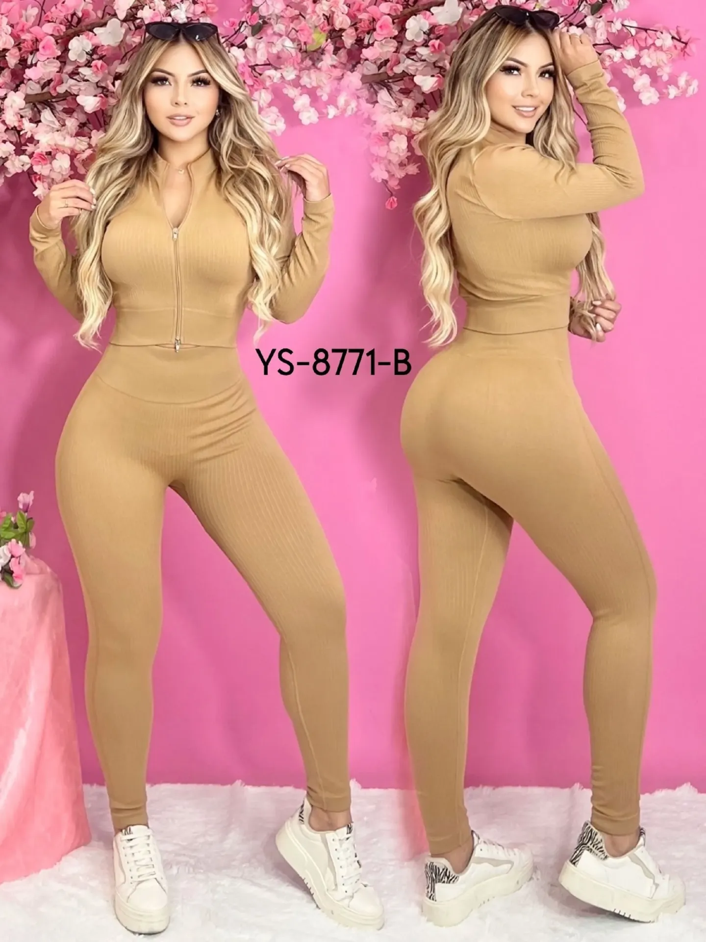 [327YS8771BS] Conjunto Deportivo Top con Cierre Acanalado y Leggings Beige para Mujer YS8771-B