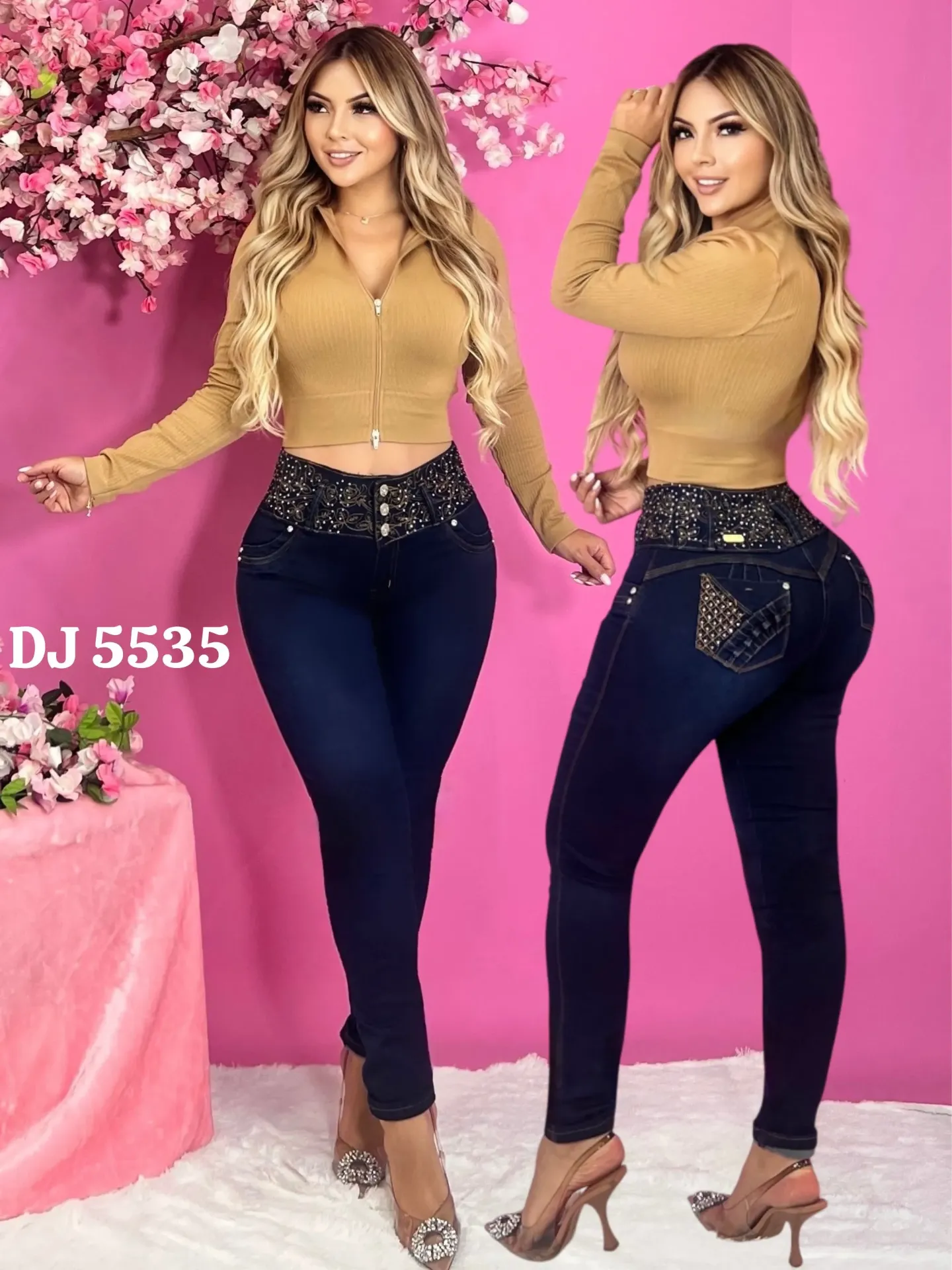 [108DJ553500] Jeans Tiro Alto Levantacola Ajustados Azul Marino Oscuro para Mujer DJ5535