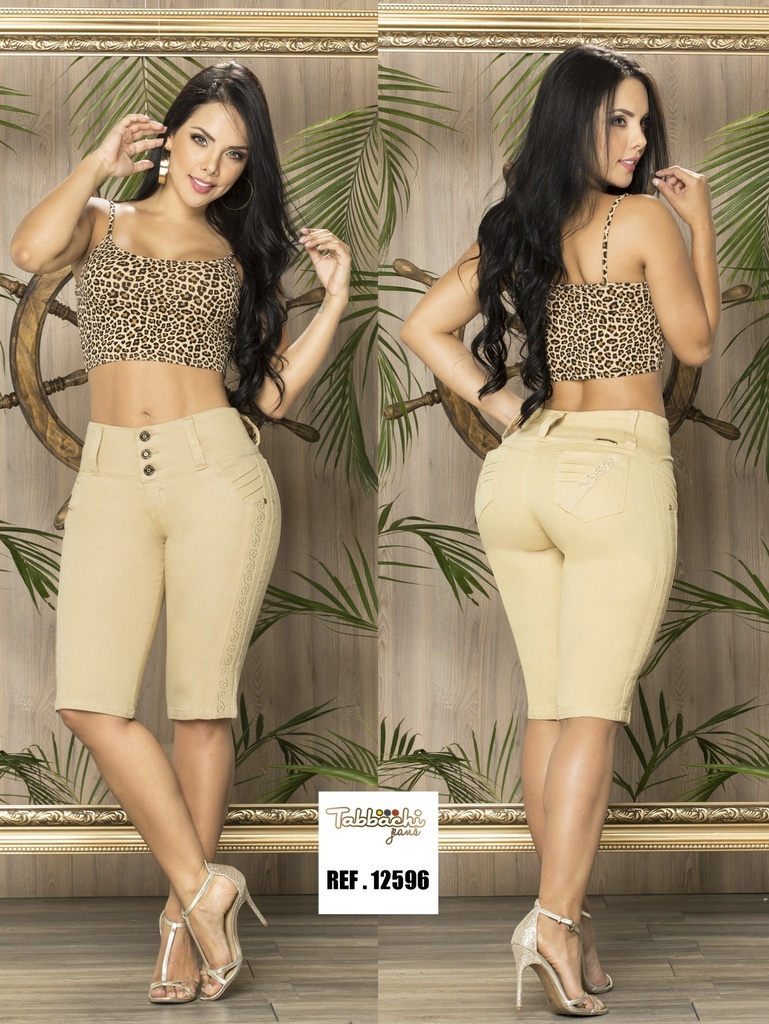 [00010112596T01] Women's Khaki Beige Stretch Bermuda Shorts 12596T (1)