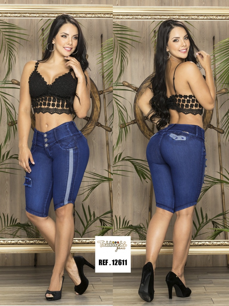 [00010112611T01] Women's Navy Blue Side Panel Bermuda Denim Shorts 12611T (1)