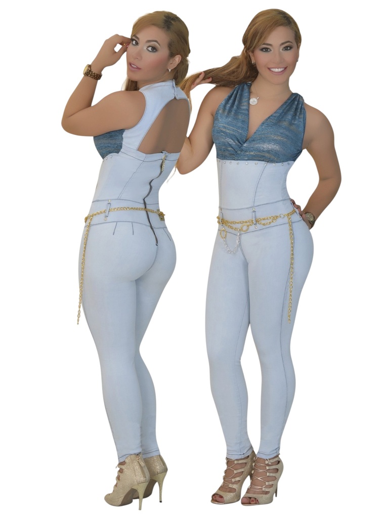 [102204201] Women's Light Blue Sleeveless Belted Butt Lift Jumpsuit 2042 B (1)