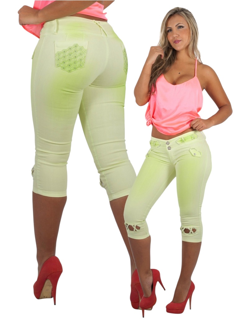 [102260501] Jeans Capri Levantacola Verde Lima para Mujer 2625
