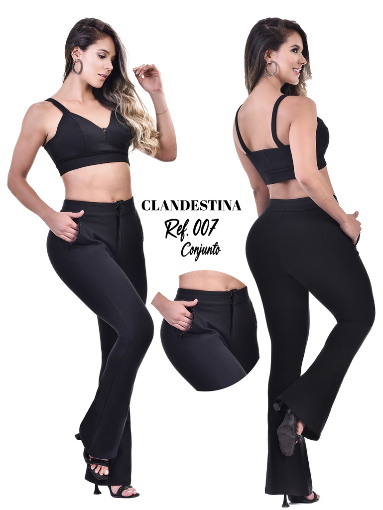 [107007L] Conjunto de 2 Piezas Top Tipo Bralette y Pantalón Campana Negro para Mujer 007 (L)