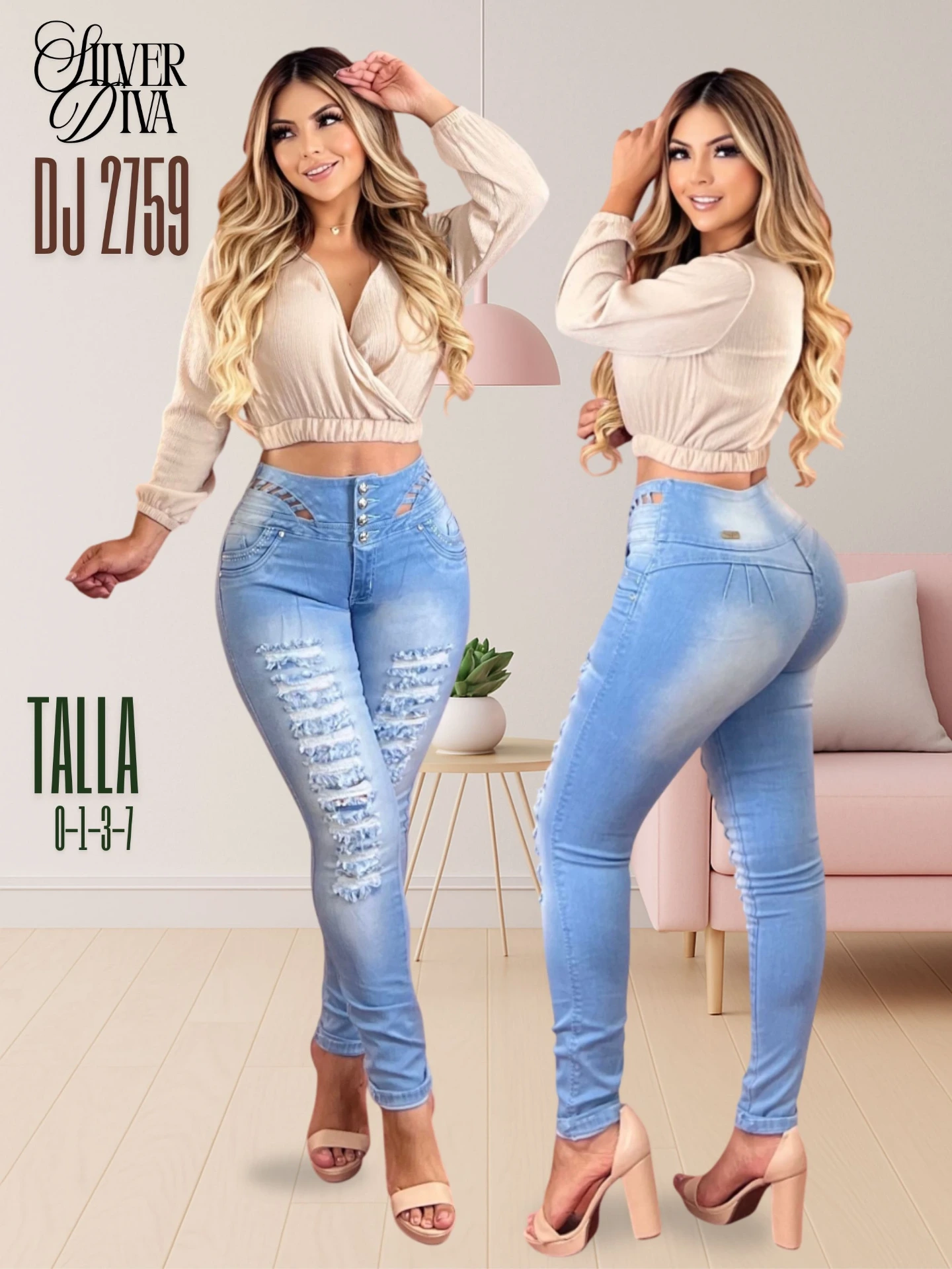 Jeans Levantacola Rotos Ajustados Lavado Claro para Mujer DJ2759