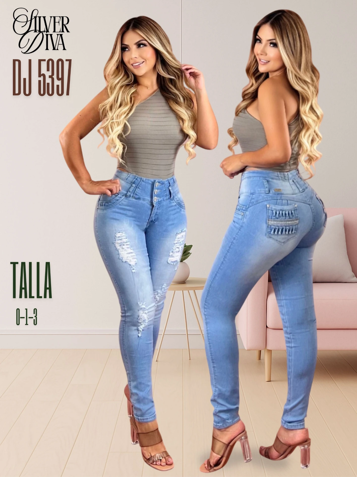 Jeans Levantacola Rotos Ajustados Lavado Claro para Mujer DJ5397