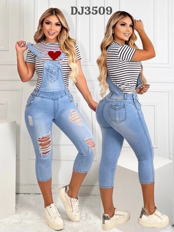 [108DJ350903] Women's Light Wash Distressed Denim Overall Capri Jeans DJ3509 (3)