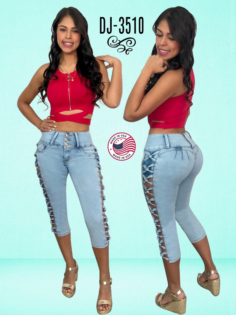 [108DJ351001] Women's Light Wash Side Lace-Up Detail Capri Jeans DJ-3510 (1)