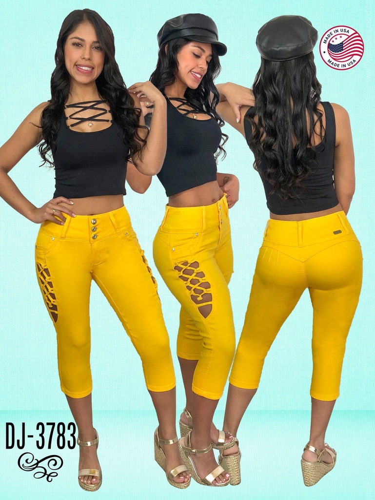 Women's Mustard Yellow Distressed Butt Lift Capri Jeans DJ-3783