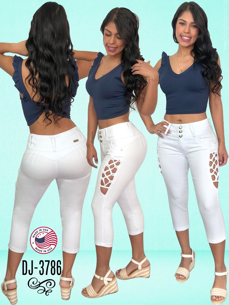 [108DJ378601] Women's White Side Lace-Up Detail Capri Jeans DJ-3786 (1)