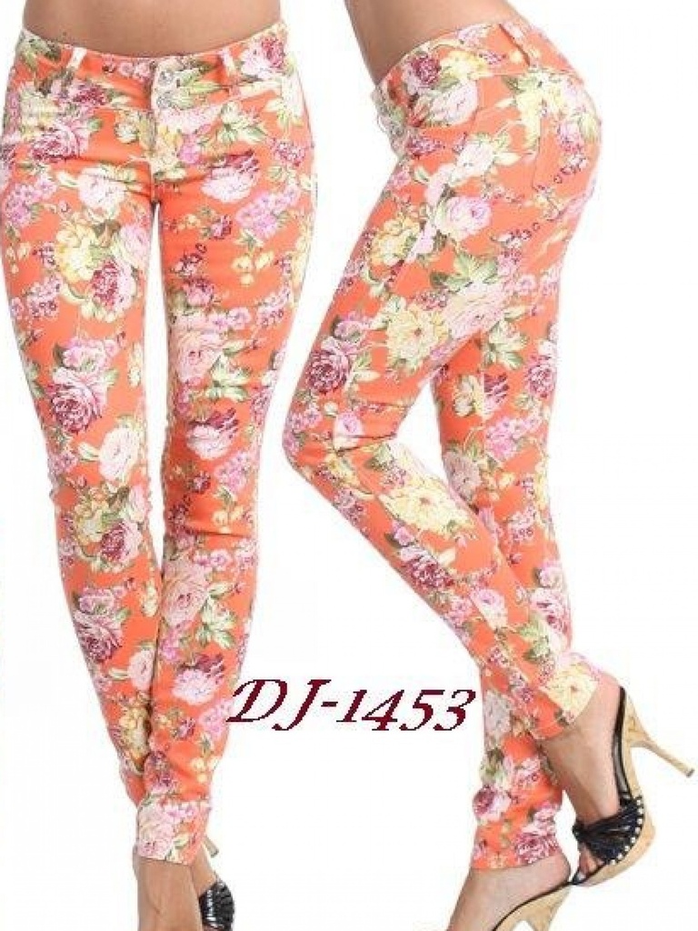 [108145303] Women's Coral Floral Print Floral Print Butt Lift Skinny Jeans DJ-1453