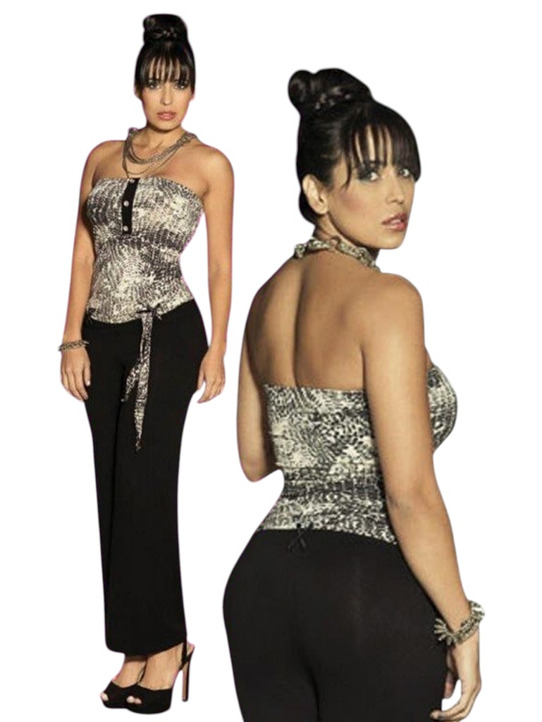 [1111621] Women's Animal Print & Black Halter Neck Wide Leg Jumpsuit 1621