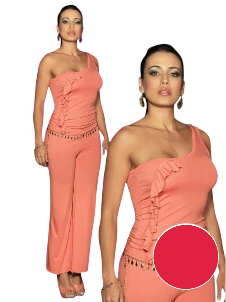 [1111624] Enterizo Un Hombro Pierna Ancha Coral para Mujer 1624