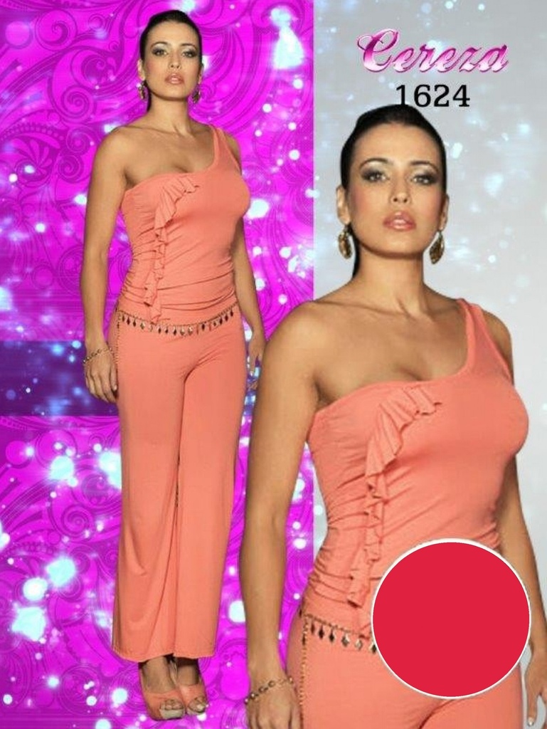 [1111624] Women's Coral One Shoulder Wide Leg Jumpsuit 1624