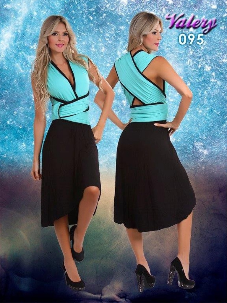 [103095] Conjunto de 2 Piezas Chaleco y Falda Asimétrica Aqua y Negro para Mujer 028
