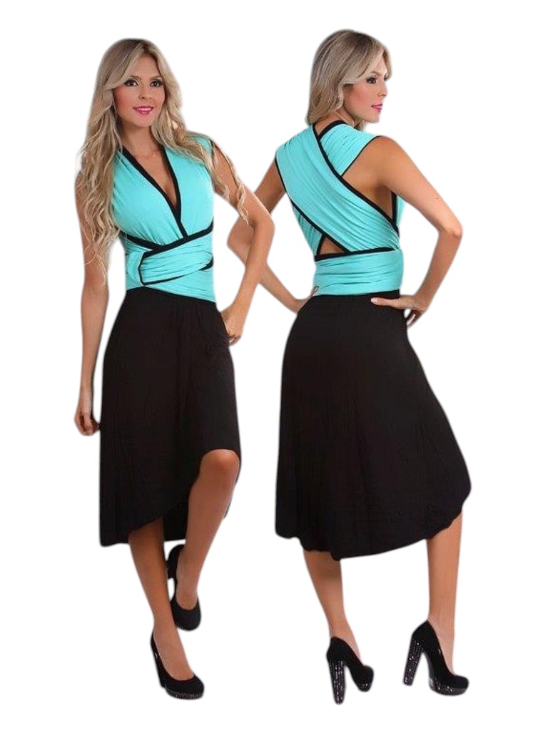 [103095] Women's Aqua & Black Vest & High-Low Skirt Two-Piece Set 028