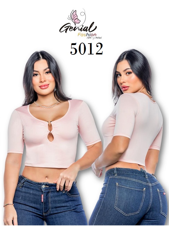 [1095012S] Women's Blush Pink Short-Sleeve Keyhole Crop Top 5012 (S)