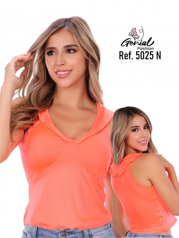 [1095025NL] Women's Coral V-Neck Sleeveless Top 5025N (L, Assorted)