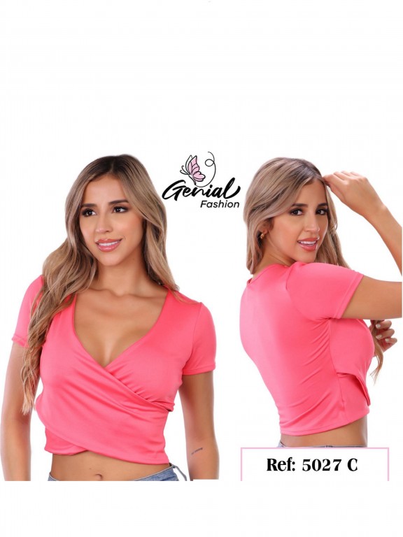 Crop Top Cruzada Manga Corta Rosa para Mujer 5027C