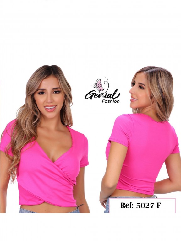 [1095027FM] Women's Hot Pink Wrap Short-Sleeve Crop Top 5027F (M)
