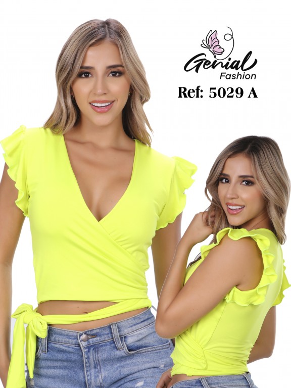 [1095029AS] Women's Neon Yellow Wrap Ruffle Crop Top 5029A (S)