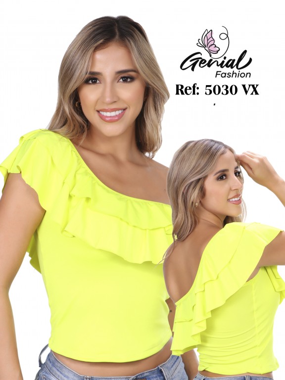 Top Un Hombro con Volantes Amarillo Neón para Mujer 5030VX