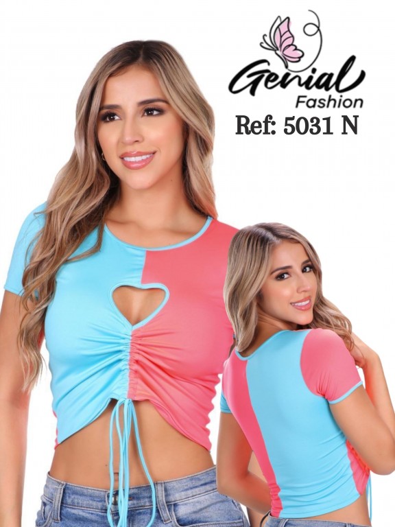 [1095031NS] Women's Blue & Coral Heart Cutout Tie-Front Crop Top 5031N (S)