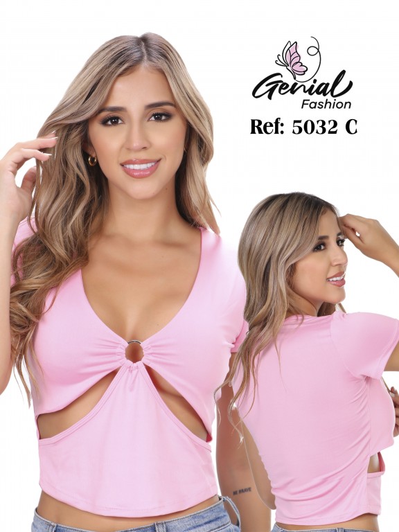 [1095032CS] Women's Pink Cutout Short-Sleeve Crop Top 5032C (S)
