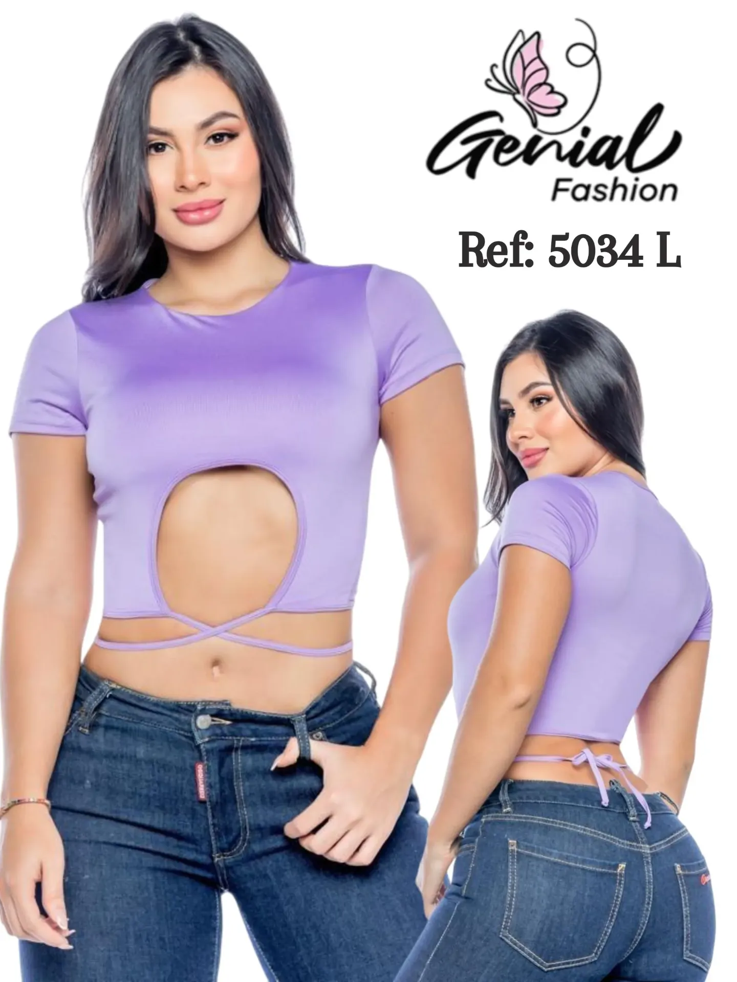 [1095034LS] Lilac Cutout Crop Top 5034 – Wrap Tie Waist (S)