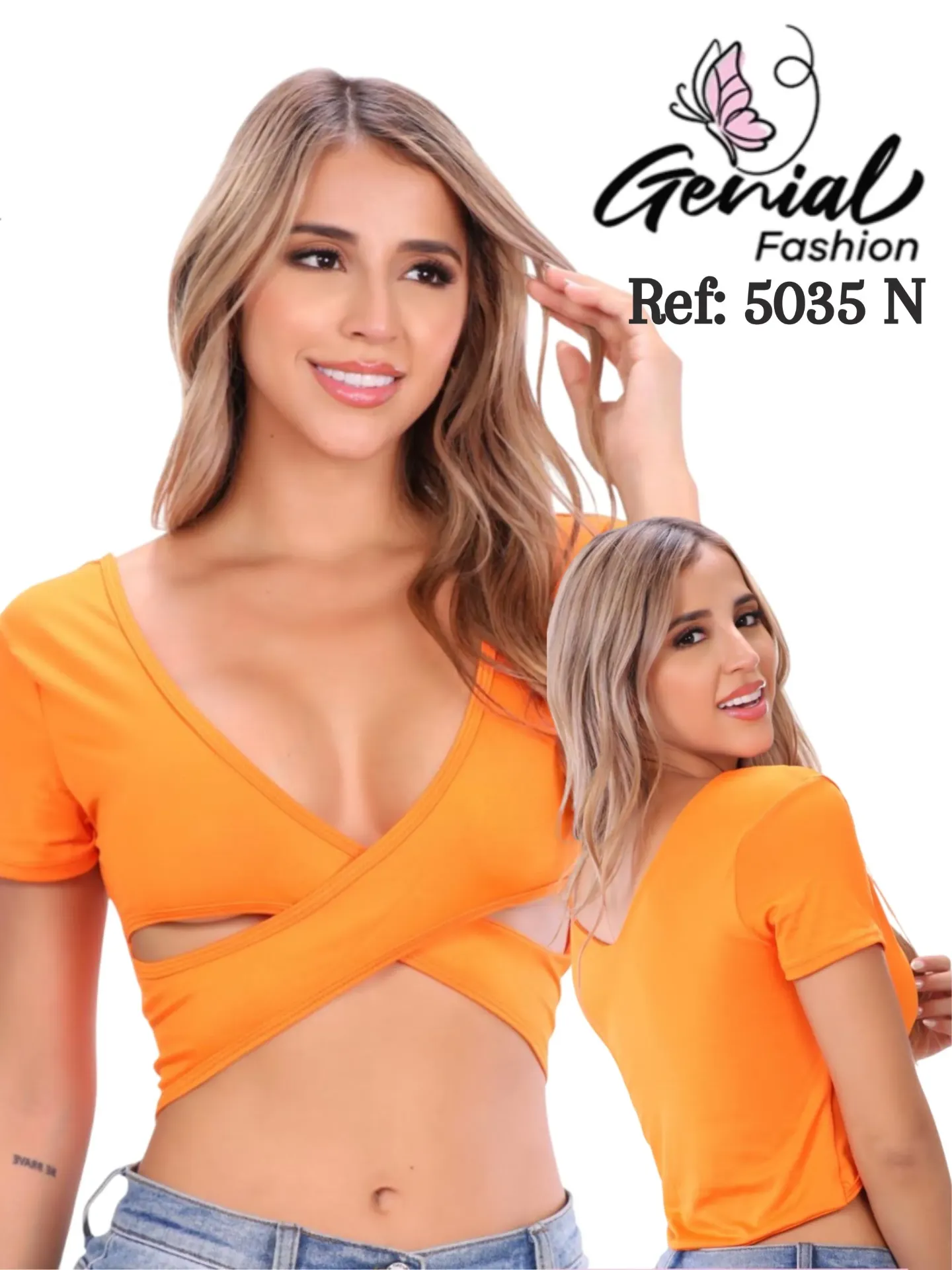 [1095035NS] Women's Orange Wrap Short-Sleeve Crop Top 5035N (S)