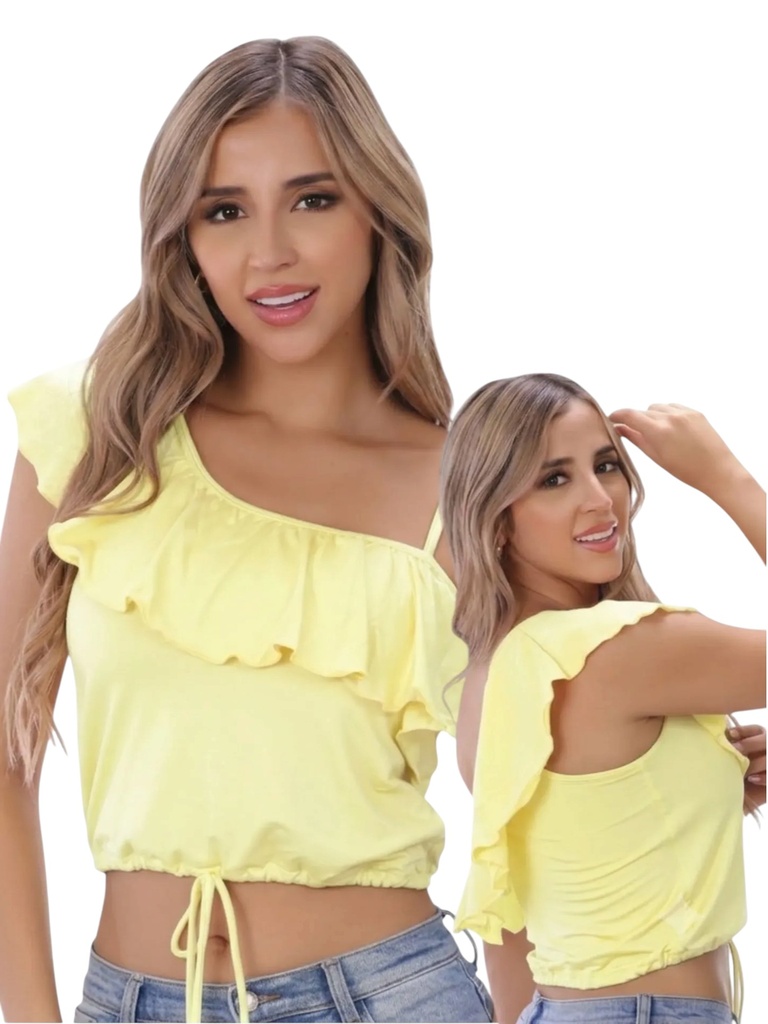 [1095037AL] Women's Yellow One-Shoulder Ruffle Crop Top 5037A (L)