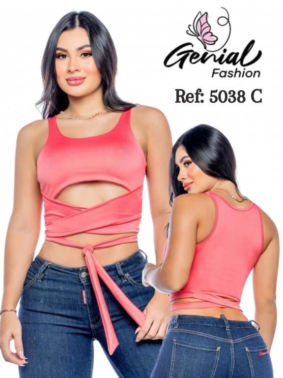 Crop Top con Abertura y Amarre Coral para Mujer 5038C