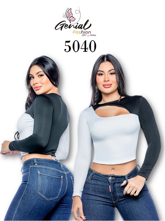 [1095040S] Crop Top Manga Larga con Abertura Blanco para Mujer 5040 (S)
