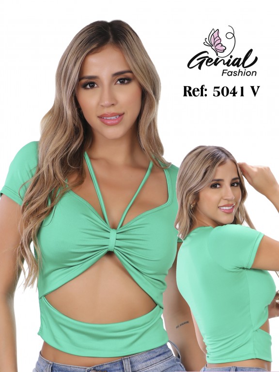 Crop Top con Abertura Manga Corta Verde Menta para Mujer 5041V